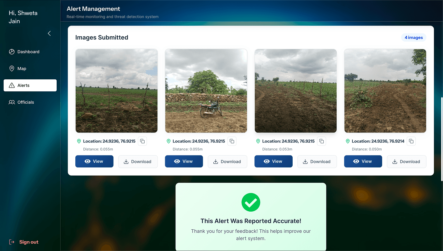 eNetra console — field evidence submitted against an alert